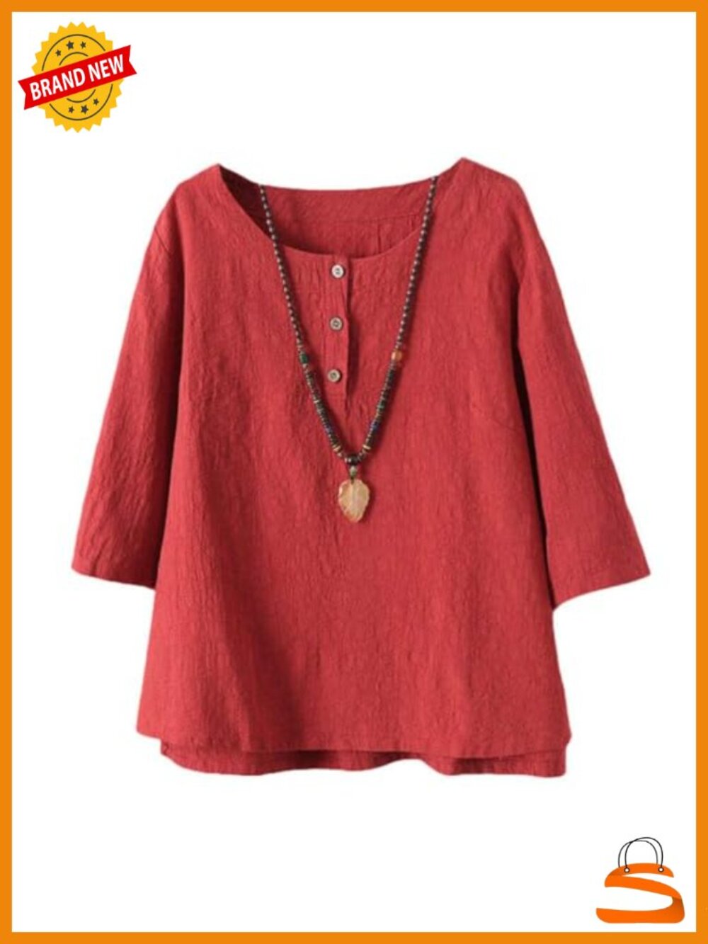Cotton Linen 3/4 Sleeve Blouse with Button Detail